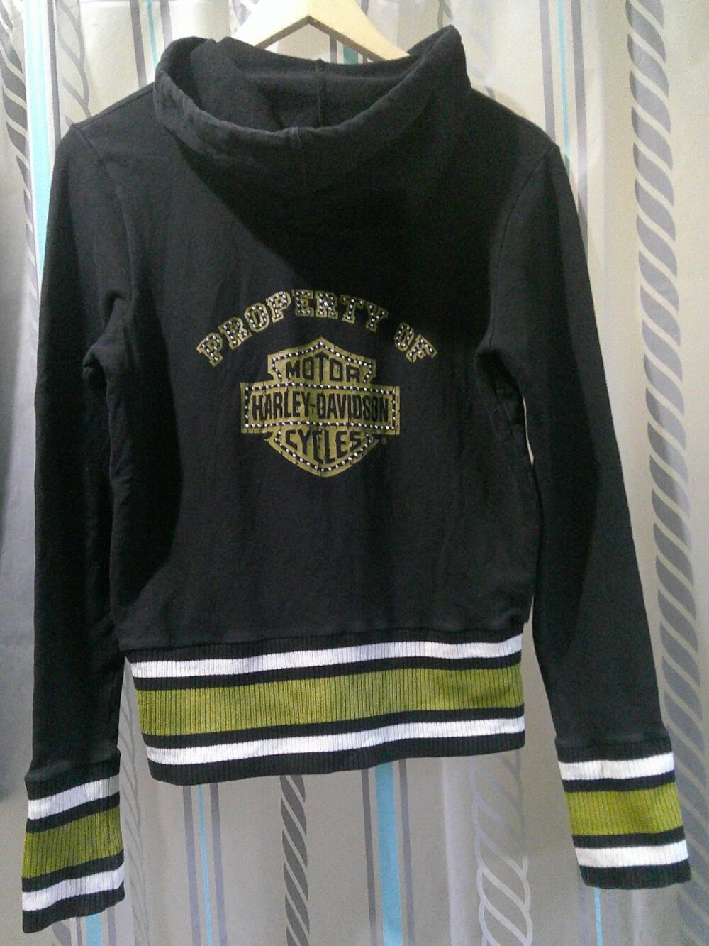 "Harley Davidson" Bomber Hoodie Zip Jacket Rhinestone Graphic Woman L (Sz 10-12)